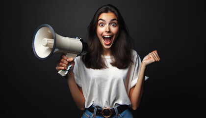 A young, shocked, excited, and happy woman wearing casual clothes, holding a megaphone - obrazy, fototapety, plakaty