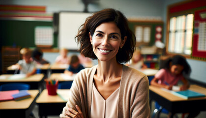  A portrait of a smiling teacher in an elementary school classroom