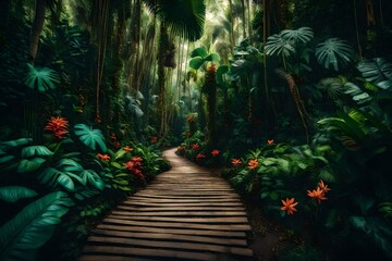 tropical vintage botanical landscape footpath in the jungle with colorful flowers background ...