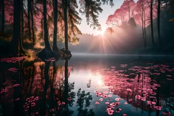 Wandaufkleber **forest landscape with morning vibes over the lake. floating pink flower on the clam water. © Mazhar
