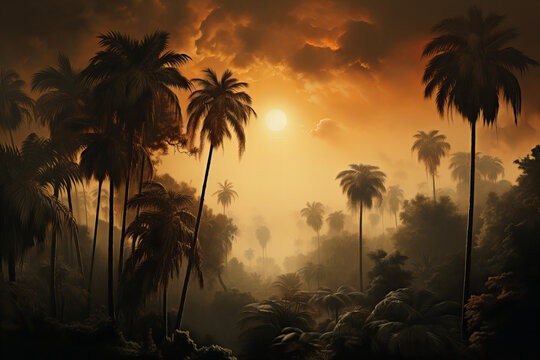 Sunset in the jungle, apocalyptic Silhouette of palm trees at tropical sunrise or sunset
