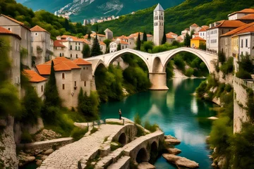 Foto auf gebürstetem Alu-Dibond Stari Most old town of moster with famous old bridge (stari most) bosnia and herzegovina-