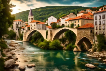 Foto auf gebürstetem Alu-Dibond Stari Most **old town of moster with famous old bridge (stari most) bosnia and herzegovina-