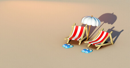 Two beach chairs with umbrella and sandals on beach background Summer concept. 3D rendering.