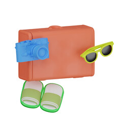 3d icon Orange suitcase with beach accessories on isolated background. summer icon concept. 3d rendering