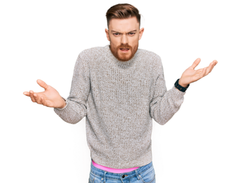 Young redhead man wearing casual winter sweater clueless and confused with open arms, no idea concept.
