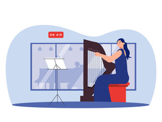 Woman is playing the harp. Music studio Illustration.