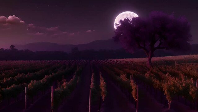 moon rises high over Vampiric Vineyard, turns deep shade purple, casting eerie glow over endless rows gvines. Shadows seem dance between rows, giving illusion movement 2d animation