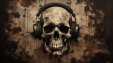 A gritty, grunge-style illustration featuring a skull rocking out with headphones.  - obrazy, fototapety, plakaty