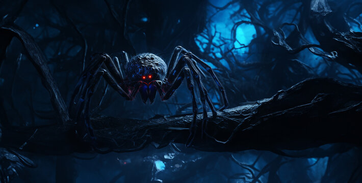 Halloween Spider On The Wall, Shadowy Spider Close View Dark Blue Color Palette