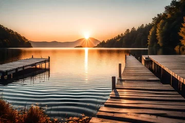 Fotobehang *A straight flat simplistic rectangular lake dock, beautiful sunrise, toggy, clam water. nature relax wallpaper-- © Mazhar
