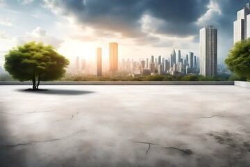 concrete floor with tree and city skyline background. urbanization and sustainable environment...
