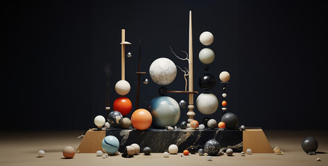 bowling ball and pins, circuit board with numbers, a composition of form constants