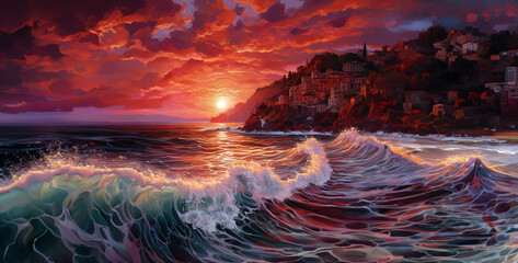 sunset over the river, sunset over the lake, sunset in the mountains,  amazing red sunset and big waves