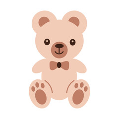 Cute teddy bear with bow tie. Pastel colored beige toy for kids. Childish vector illustration. Cartoon flat design.