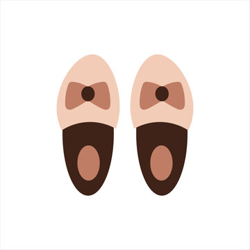 Pair of slippers vector illustration. Elegant beige and brown home footwear with bow in cartoon flat style