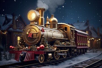 Fairy locomotive in holiday postcard style. Merry christmas and happy new year concept. Whimsical train in festive postcard style. Celebrating Christmas and New Year. - obrazy, fototapety, plakaty