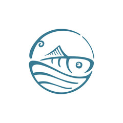 Fototapeta premium Circular Fish Logo with Fishing Rod and Water Waves: Unifying Elements for Fisheries, Maritime, River Industries, and Beyond.