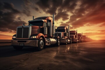 a row of semi trucks parked next to each other in a parking lot at sunset or dawn with clouds in the sky. Several semi trucks parked on the side of the road.