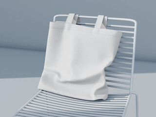 White Blank Tote Bag 3D Mockup on a Metal Chair with Realistic Background