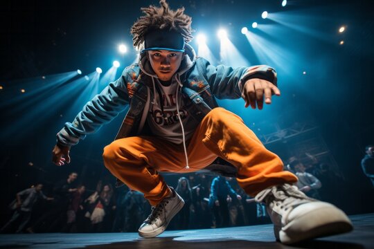 Young hip-hop dancer's solo performance filled with emotion and energy, Generative AI