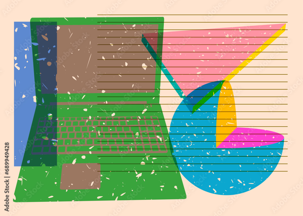 Poster risograph laptop with geometric shapes. objects in trendy riso graph print texture style design with