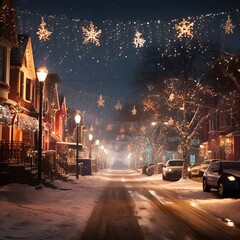 christmas night city with Christmas tree:
a snowy night