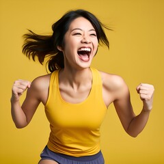 Asian woman's profile, yellow background as she revolutionizes her fighting and pledges her passion: Sporty, passion, exercise