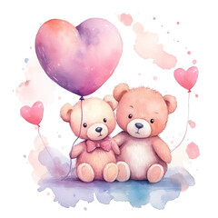 Watercolor Valentine Teddy Bears Pastel