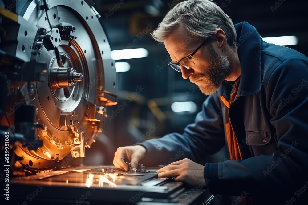 Aufkleber Operating the heavy machinery with caution, A milling machine operator works in a factory, Universal lathe operator.