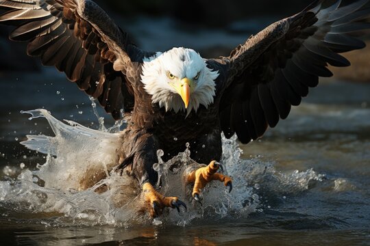 Realistic Eagles Ready for Hunting Fish Beautiful Sea Image Generative AI