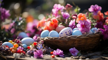 Fototapeta na wymiar Easter Happy Basket Eggs Flowers , Background HD, Illustrations
