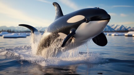 Close up the orca jumps out of the ocean on the Arctic ice background.