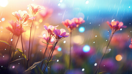 Fototapeta premium Flowers in the meadow with sunlight and bokeh.
