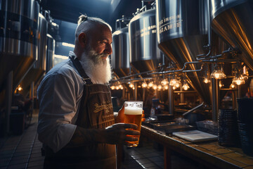 Specialist master brewer in a small brewery holds a glass of beer in his hand. A man with a beard. - obrazy, fototapety, plakaty