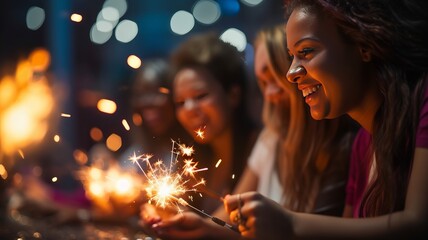 Obraz na płótnie Canvas friends enjoying the Three Kings Day celebration, with lights and pyrotechnics
