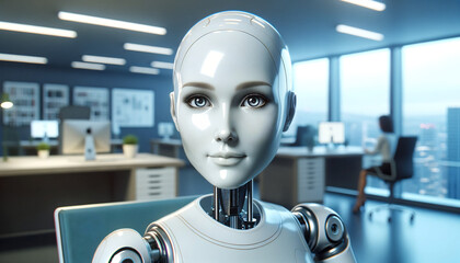 Futuristic Female Humanoid Robot in Modern Office Setting - AI Technology Concept