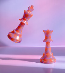 A King Chess Piece Floating Over Queen Chess Piece in Board Game strategy Scene on a Pink and...