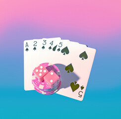 Top View of a Winning Spades Straight Flush Poker Hand om a Blue and Pink Gradient Background