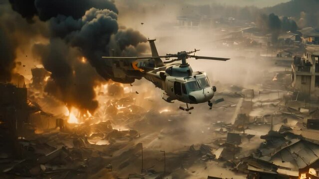 Military Helicopters forces in destroyed city houses