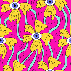 Psychedelic seamless pattern with melting flower and eye. Trendy trippy acid art background. Repeat vector illustration
