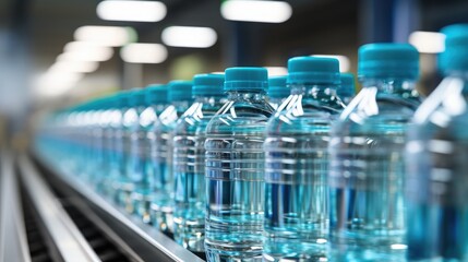 Drinking water factory, Bottles on a factory conveyor belt with Automatic line for packing drinking water into glass or plastic containers. - obrazy, fototapety, plakaty