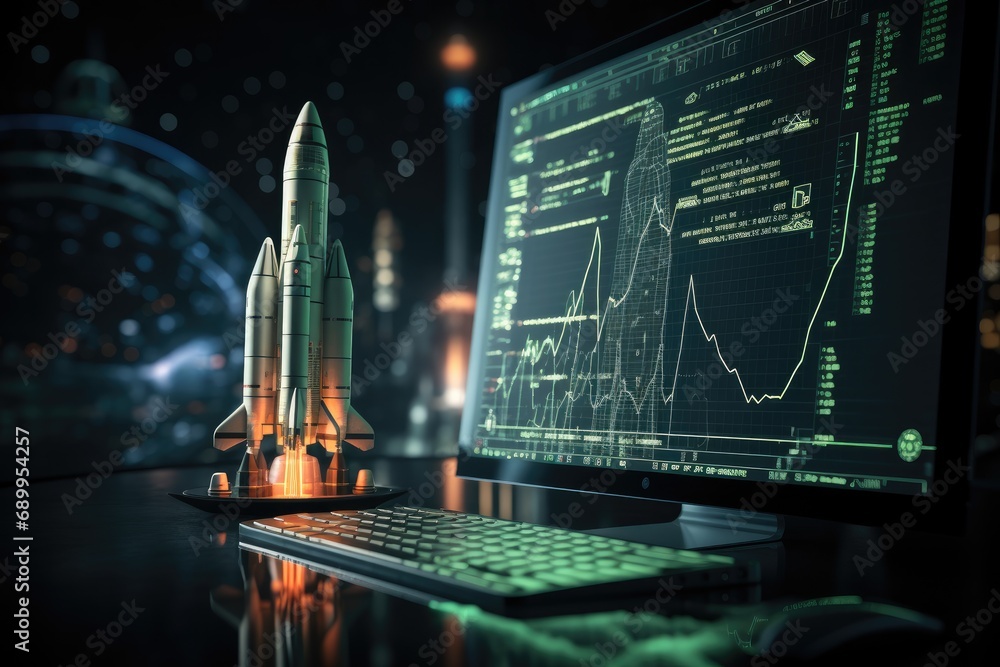 Poster sci fi animated rocket taking off with green trading charts in background.