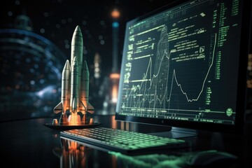 Sci fi animated rocket taking off with green trading charts in background. - obrazy, fototapety, plakaty