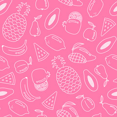 Fruits doodle seamless pattern. Hand drawn food and drink pink colored endless background with falling fruits in chalk style. Vector illustration