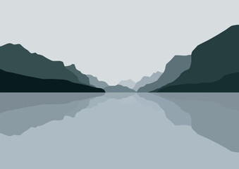 Mountains panorama with a lake. Vector illustration in flat style.