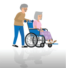 Obraz premium An elderly husband pushes his elderly wife in a wheelchair.