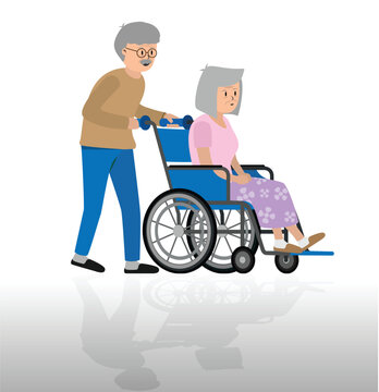 An elderly husband pushes his elderly wife in a wheelchair.