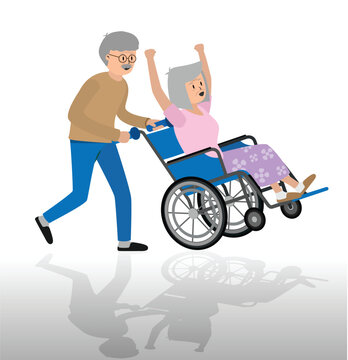 An old husband happily pushes his elderly wife in a wheelchair.