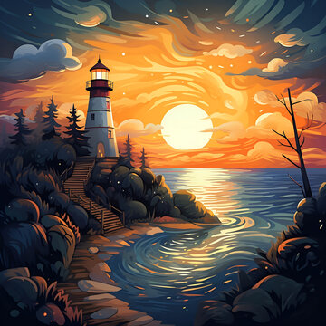 lighthouse at sunset, lighthouse, sunset, sea, water, nature, clouds, Ai generated 
